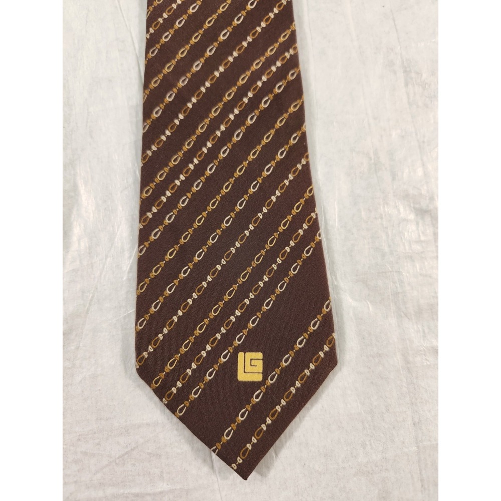Guy Laroche Mens Brown Silk Geometric Logo Vintage Designer Necktie France